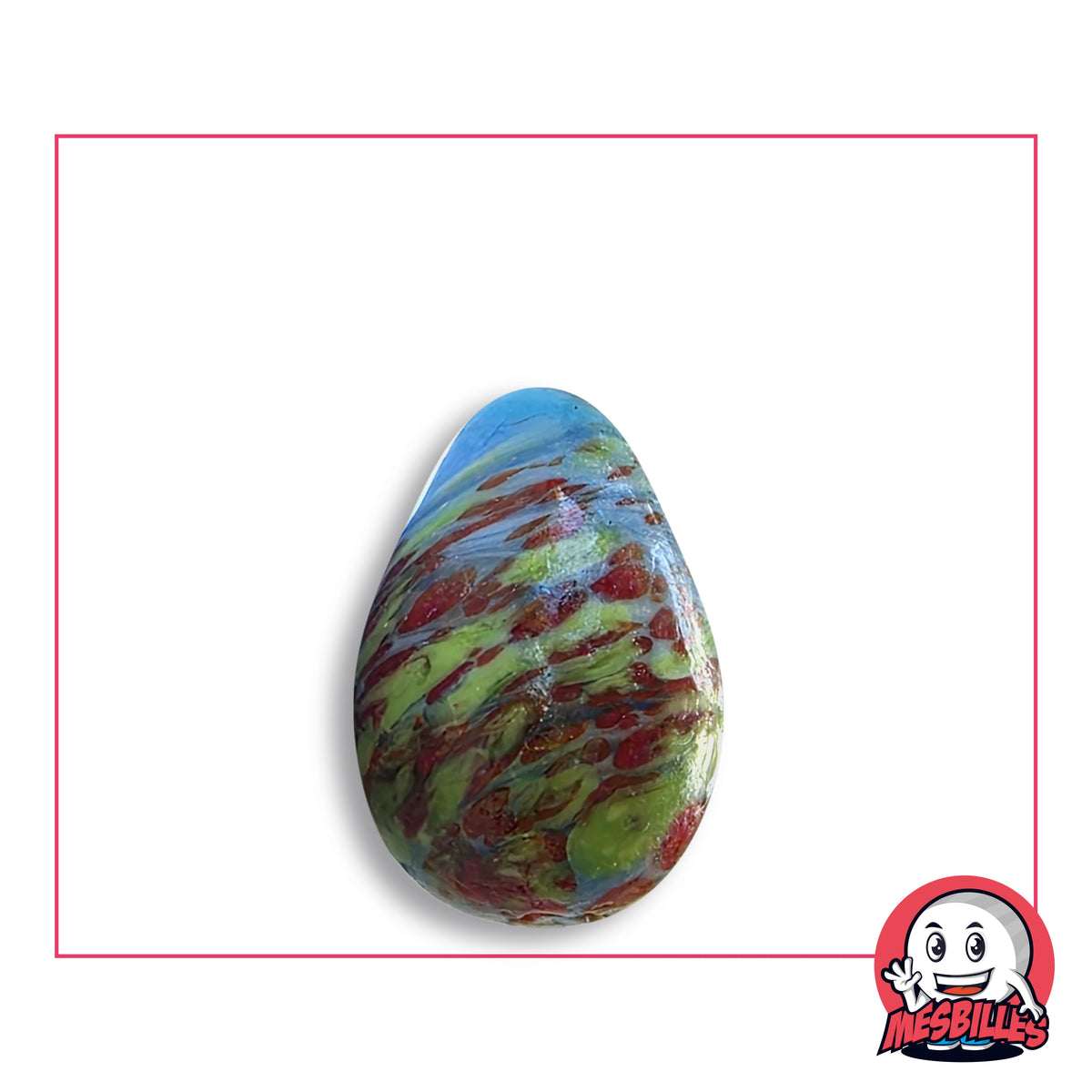 Bille Oeuf Turquoise Moucheté Rouge et Vert-Clair en verre turquoise moucheté de rouge brique et de vert clair, vue de côté, environ 25 mm de haut