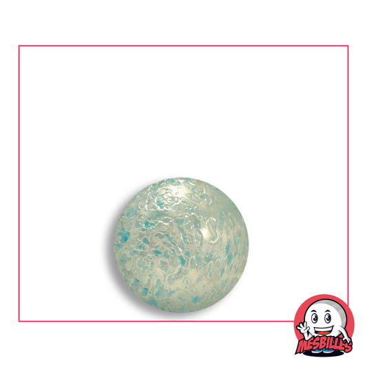 Bille Pépite Bleu 16 mm en verre translucide à éclats bleu clair, turquoise pâle et blancs, vue de dessus, 16 mm de diamètre