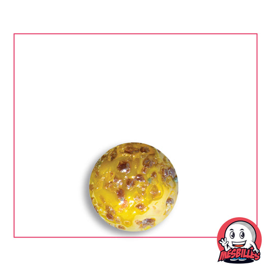 Bille Pépite Précieuse 14 mm en verre jaune moucheté de brun cuivré, vue de dessus, 14 mm de diamètre