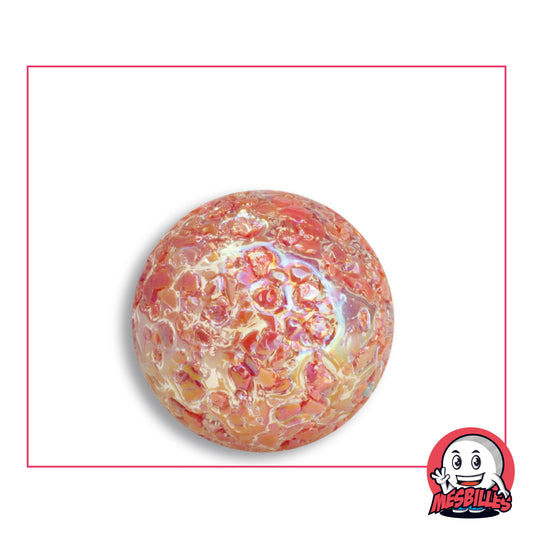 Bille Pépite Rouge 25 mm en verre translucide couvert d'éclats corail et orangés aux reflets roses et dorés, vue de dessus, 25 mm de diamètre