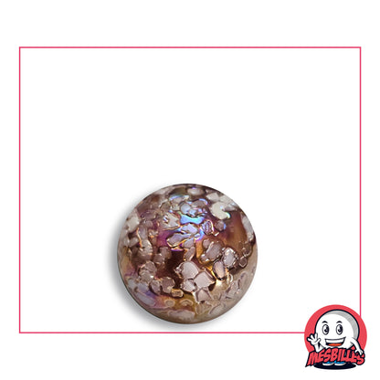 Bille Pépite YSES en verre irisé cuivré couvert d'éclats blanc rosé, vue de dessus, 16 mm de diamètre
