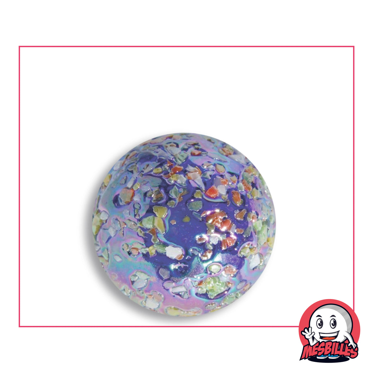Bille Pépite étoile 25 mm en verre bleu nuit à éclats en relief et voile nacré mauve et rose, vue de dessus, 25 mm de diamètre