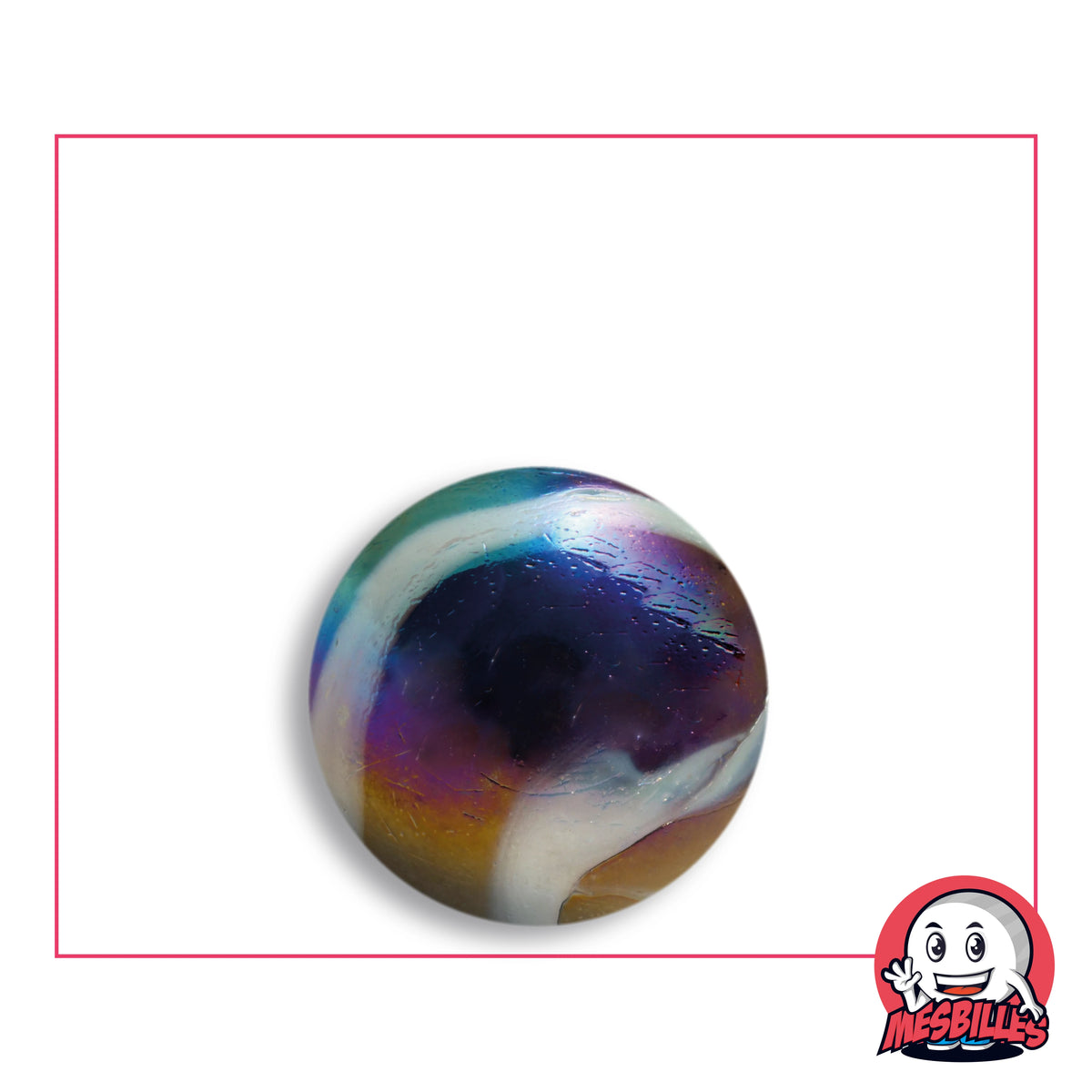 Bille Pétrole 22 mm en verre noir brillant, bande blanc nacré et reflets irisés bleus, violets, ambrés et verts, vue de dessus, 22 mm de diamètre