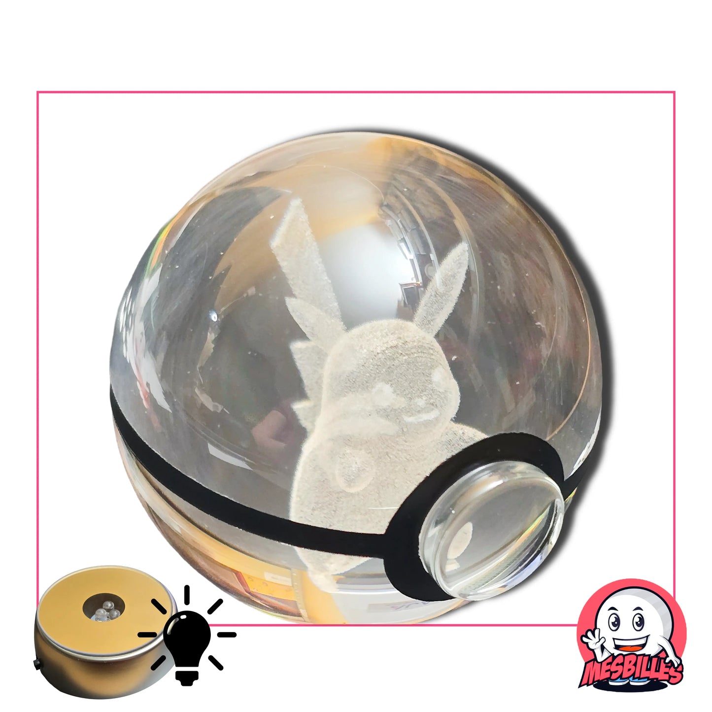 Bille 50 mm transparente style Pokéball motif 3D Pikachu gravé effet lumineux