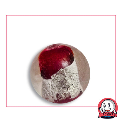 Bille Planète Rouge 25 mm Collector en verre clair à cylindre d'aspect argenté froissé et disques rouge grenat, vue de dessus, 25 mm de diamètre