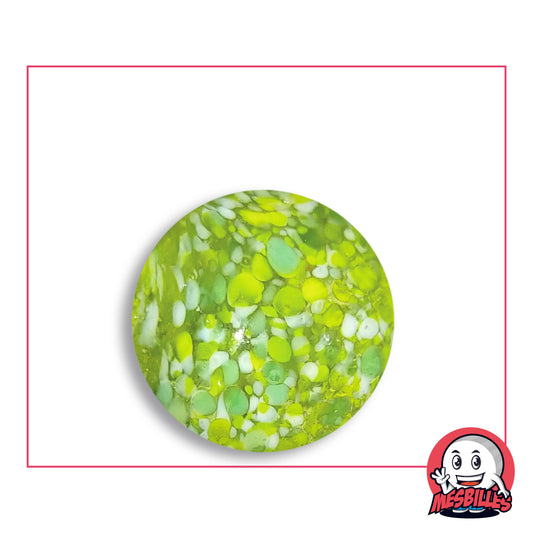 Bille Planète Verte 25 mm Collector en verre moucheté d'éclats vert anis, vert d'eau et blanc, vue de dessus, 25 mm de diamètre