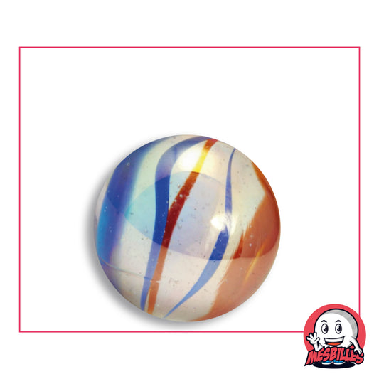 Bille Scorpion Brillant en verre transparent à rubans bleus et bande orange cuivré, vue de dessus, 25 mm de diamètre
