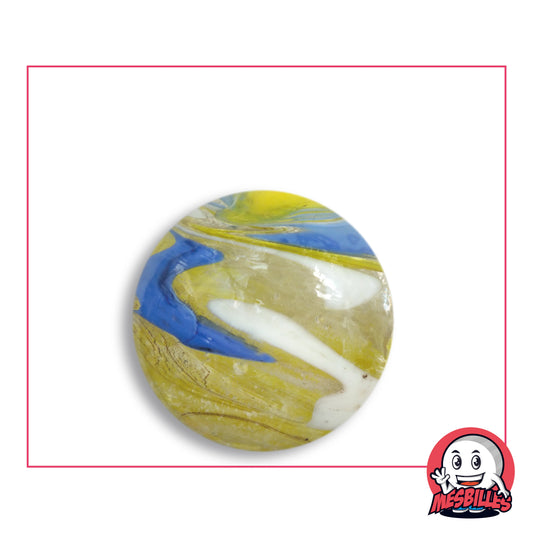 Bille Speedy Bleu 25 mm Collector en verre clair teinté de jaune, ruban bleu et bande blanche, vue de dessus, 25 mm de diamètre