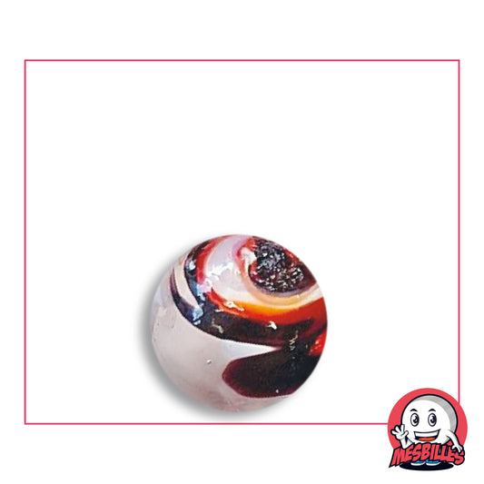 Bille Speedy Noir et Rouge 16 mm Collector en verre à fond pâle laiteux, spirale rouge et orange, bandes presque noires, vue de dessus, 16 mm de diamètre