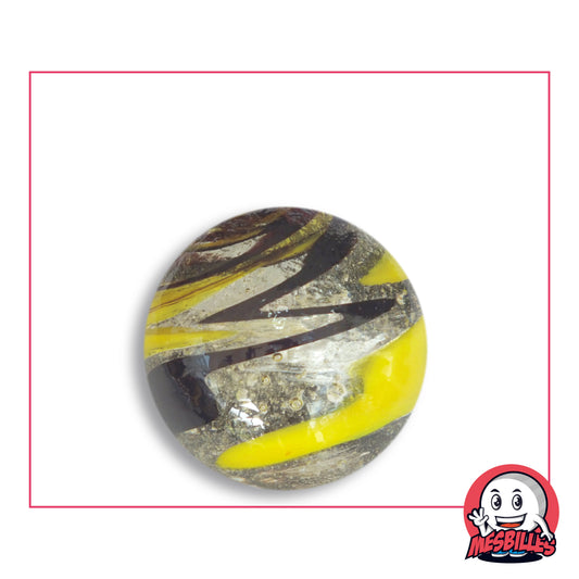 Bille Speedy Noir et jaune 25 mm Collector en verre transparent bullé à zigzag noir et bandes jaune soleil, vue de dessus, 25 mm de diamètre