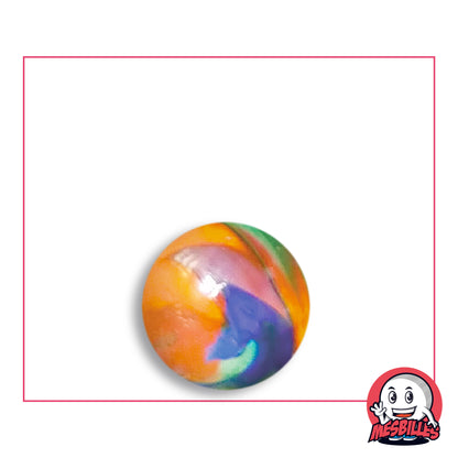 Bille Speedy Orange et Bleu 16 mm KimPlay Collector en verre orange, mauve rosé et bleu violacé, à touches vertes et turquoise, vue de dessus, 16 mm de diamètre