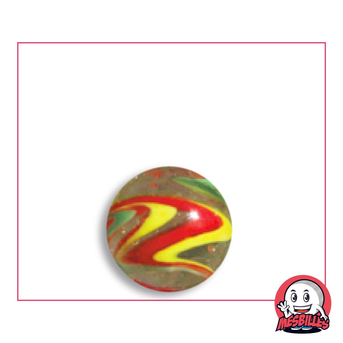 Bille Speedy Rouge et Jaune 16 mm KimPlay Collector en verre brun olive à chevrons rouges et jaunes, filets verts, vue de dessus, 16 mm de diamètre