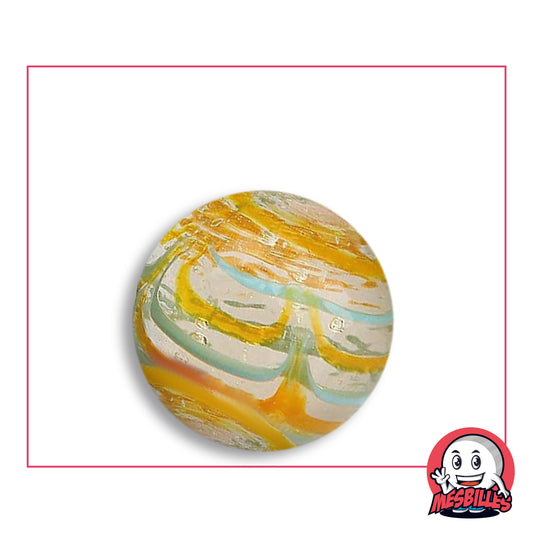 Bille Spider Orange et Bleu 25 mm Collector en verre clair à rubans jaune orangé et filets bleu ciel, vue de dessus, 25 mm de diamètre