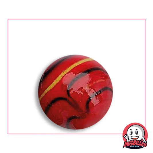 Bille Spider Rouge 25 mm Collector en verre rouge opaque à filets noirs en arcs et filet jaune, vue de dessus, 25 mm de diamètre