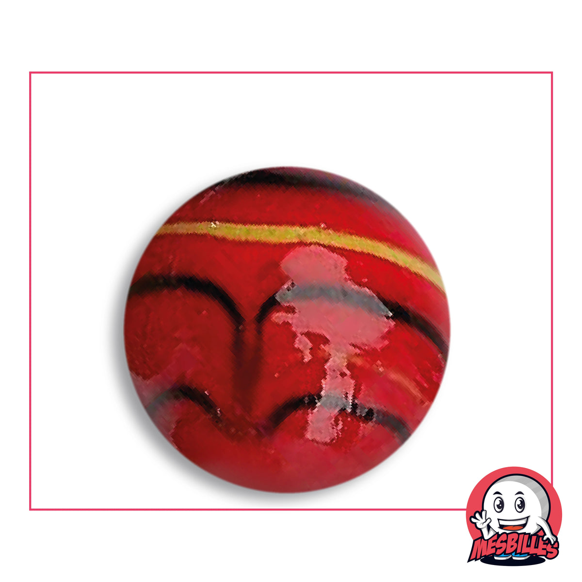 Grande bille Spider Rouge 35 mm Collector en verre rouge opaque à filets noirs en arcs et filet jaune, vue de dessus, 35 mm de diamètre