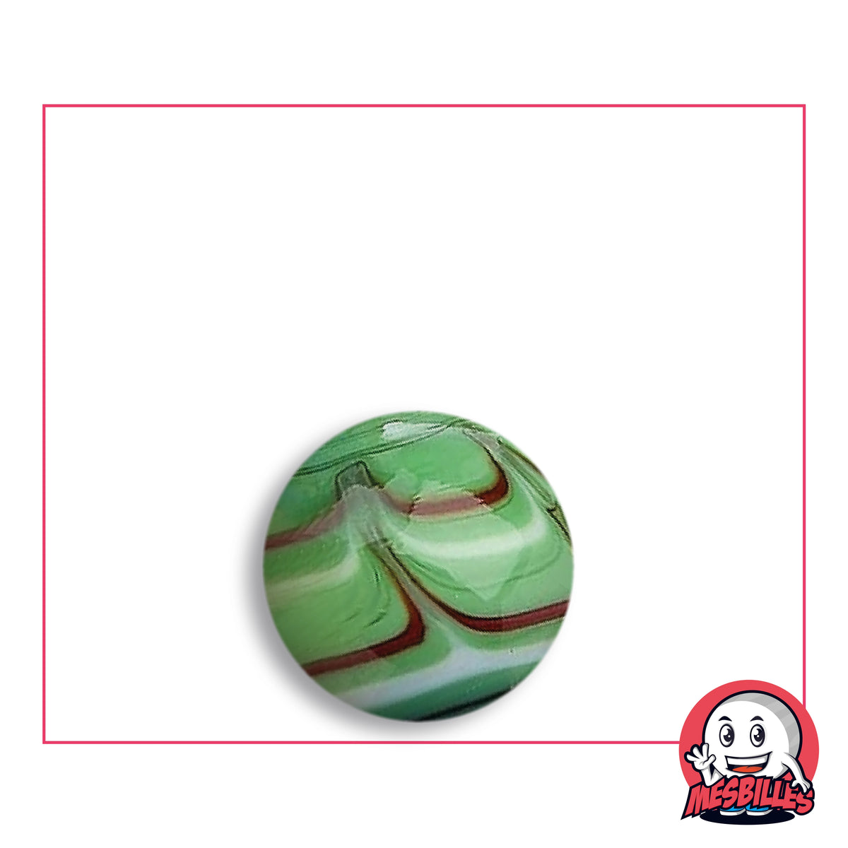 Bille Spider Vert 16 mm KimPlay Collector en verre vert tendre opaque à filets blancs et bordeaux en chevrons, vue de dessus, 16 mm de diamètre