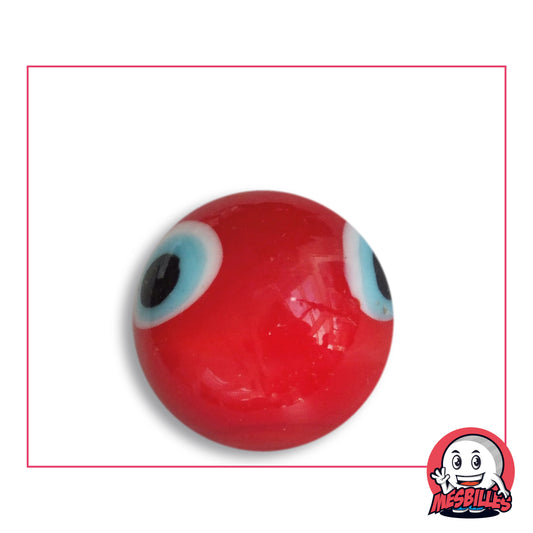 Bille Zombie 25 mm Collector en verre rouge avec des yeux bleu clair cernés de blanc, vue de dessus, 25 mm de diamètre
