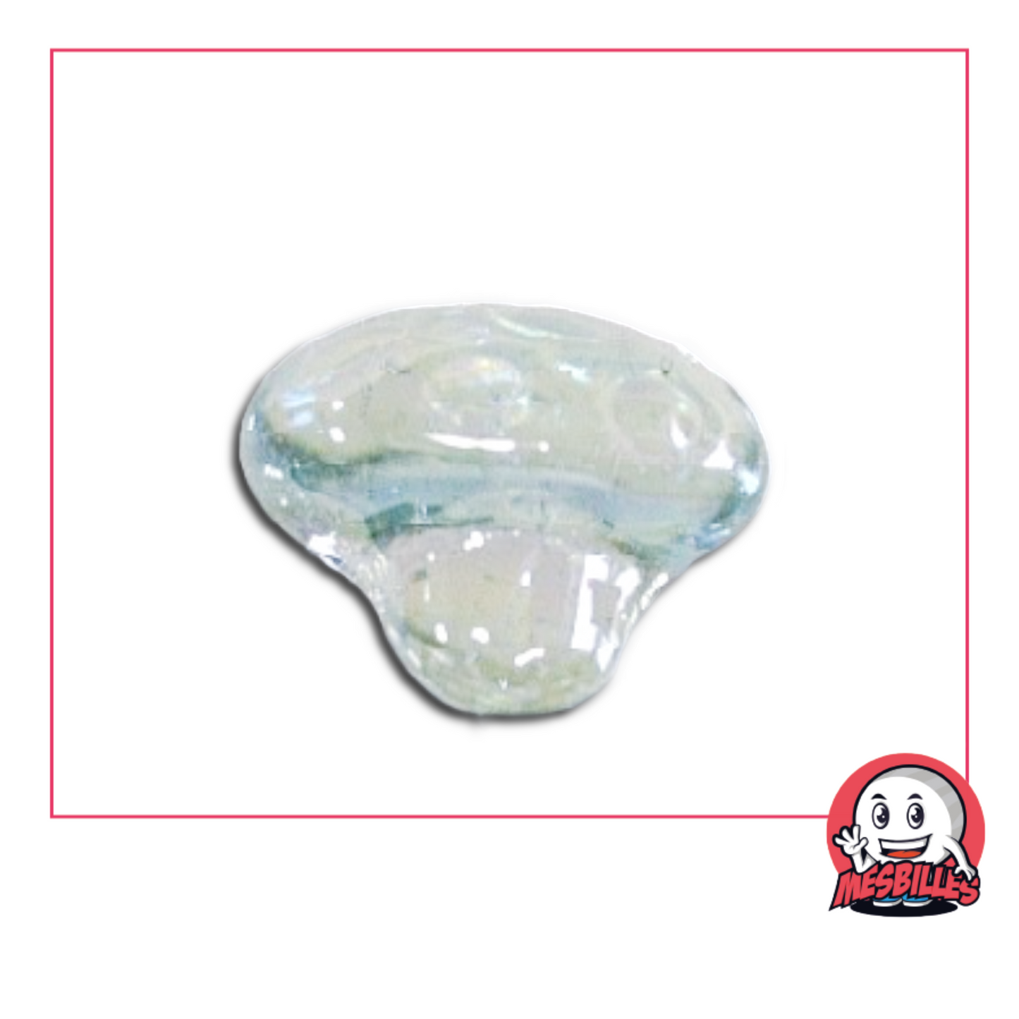 Foto einer kleinen murmel in Form eines Pilzes aus klarem, transluzentem Glas, einzeln erhältlich im MesBilles-Shop.