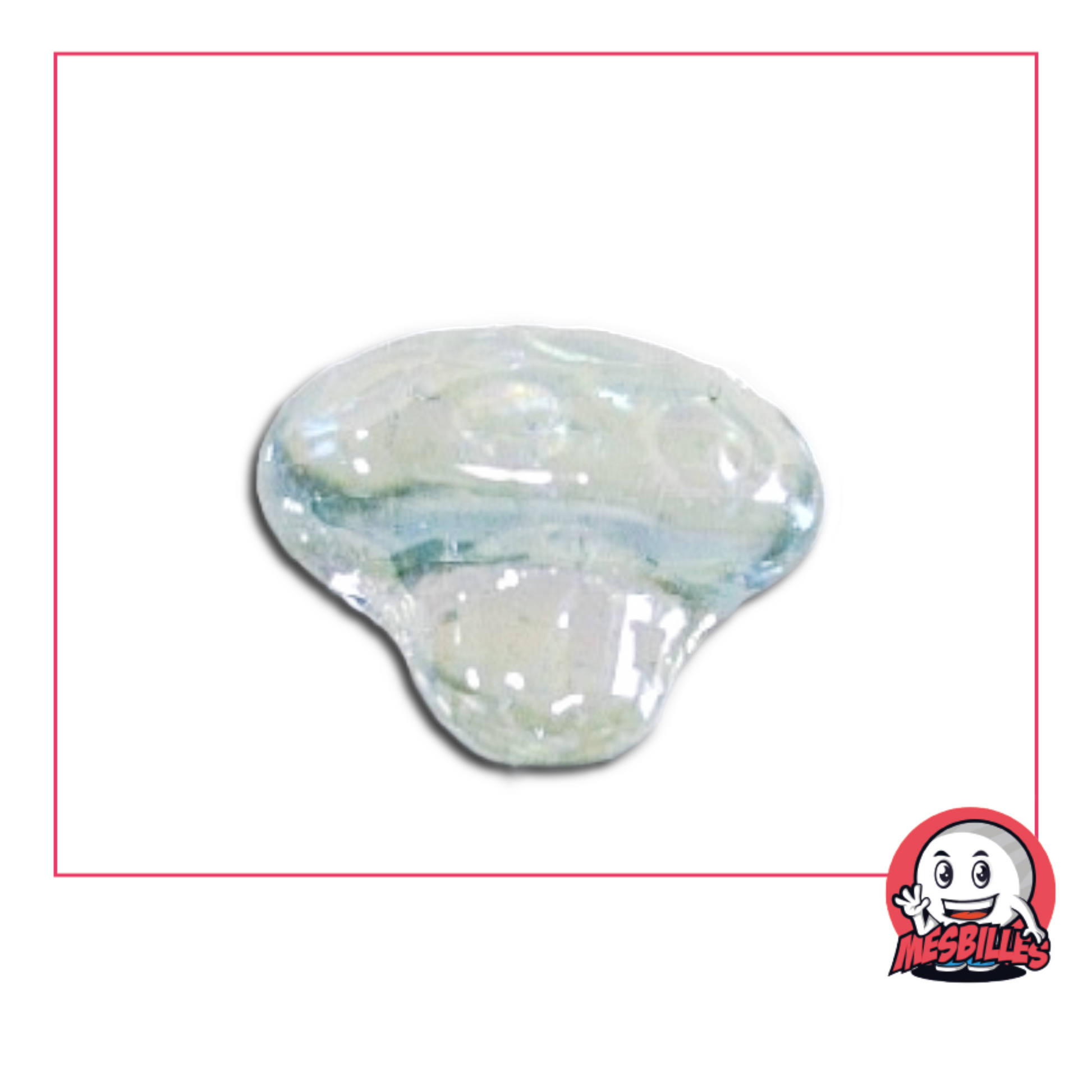 Foto einer kleinen murmel in Form eines Pilzes aus klarem, transluzentem Glas, einzeln erhältlich im MesBilles-Shop.