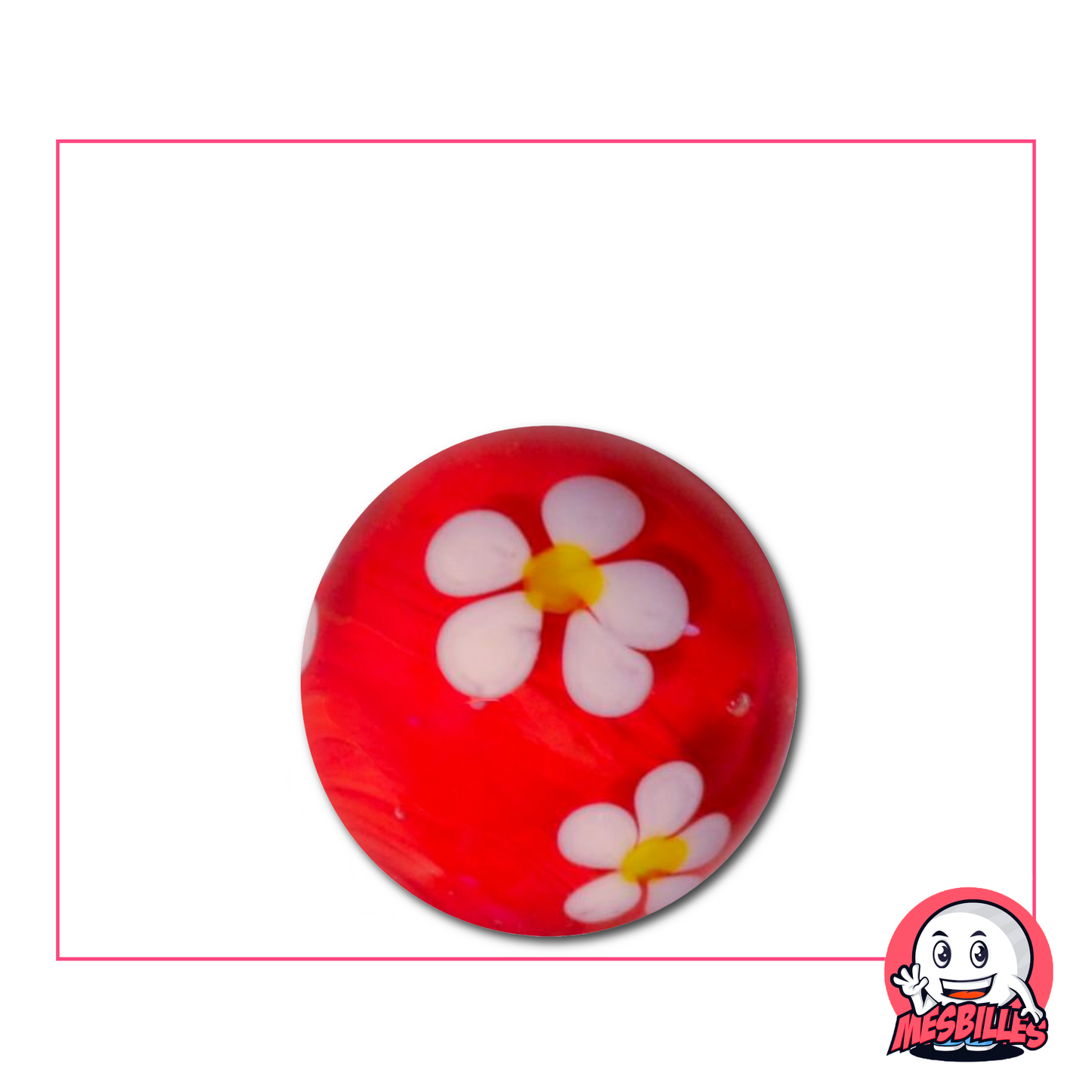 Große rote Murmel 22 mm mit einer weißen Blume mit fünf Blütenblättern, die in das transparente Glas eingelassen ist