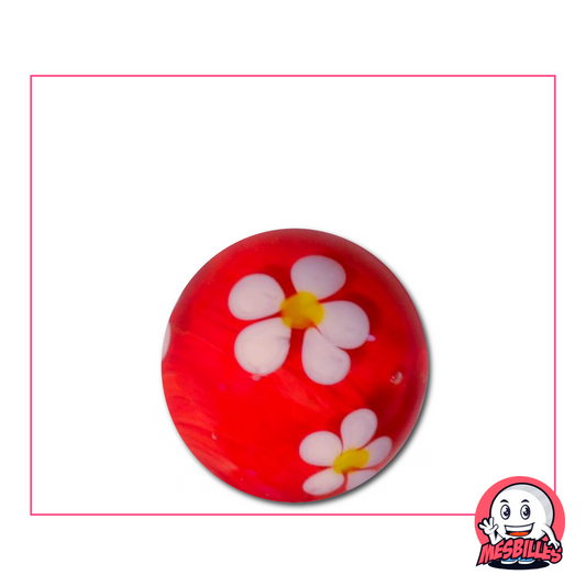 Grande bille rouge de 22 mm avec une fleur blanche à cinq pétales incrustée dans le verre transparent