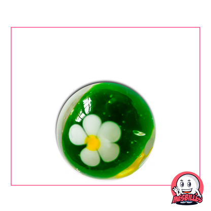 Große grüne Murmel, 22 mm, mit weißer Blume mit fünf Blütenblättern im Glas, Miniatur-Garten-Effekt