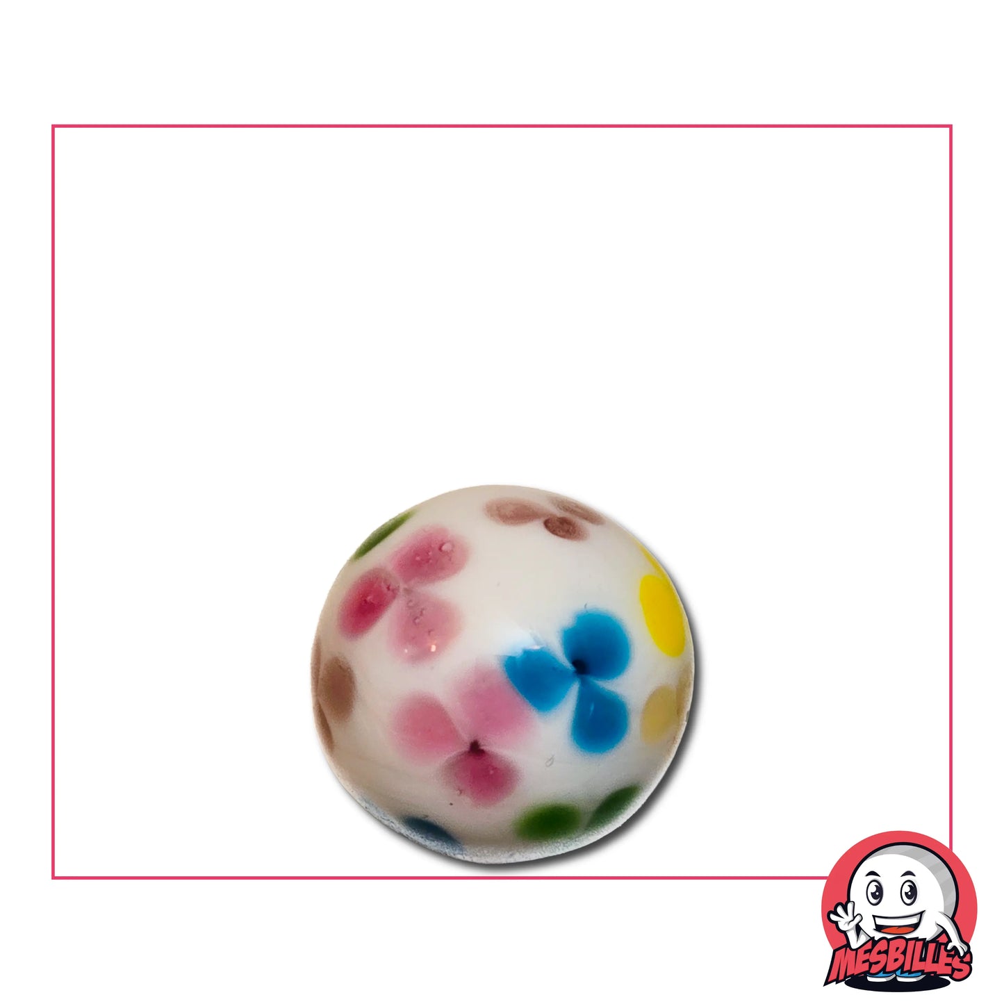 Bille Art Fleurs du Bonheur 16 mm – bille blanche à motifs floraux colorés, jaune, vert, bleu et rose, symbole de joie et de bonheur MesBilles