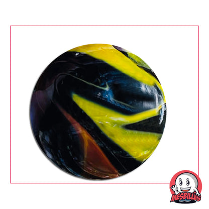 Bille Soleil Brûlant 50 mm – grand format en verre noir avec motifs jaunes et rouges, idéale pour collection et jeu.