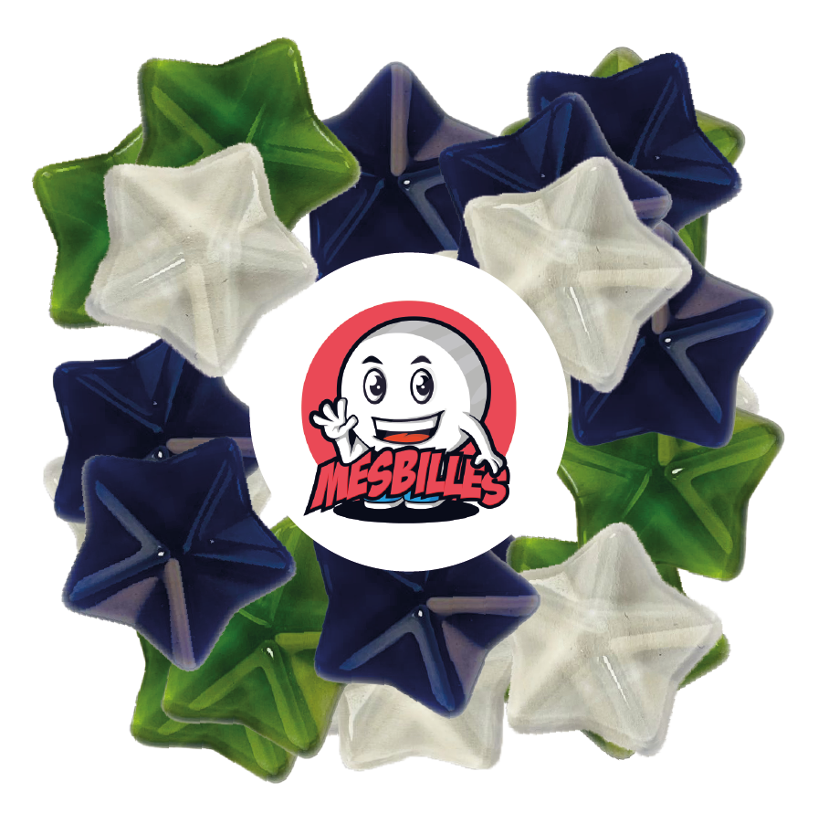 Bild des Maskottchens Meine Murmeln umgeben von extraflachen Murmeln Arapède Kristall aus transluzentem Glas – Dekoration und außergewöhnliches Spielzeug – Meine Murmeln