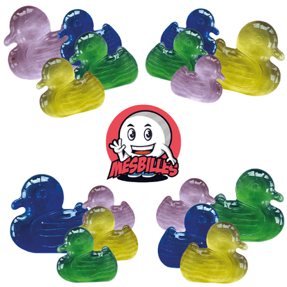 Image de la Mascotte MesBilles entourée de billes Extra-plate Canard Rose de 25 mm, le flamant des billes Formes chez MesBilles