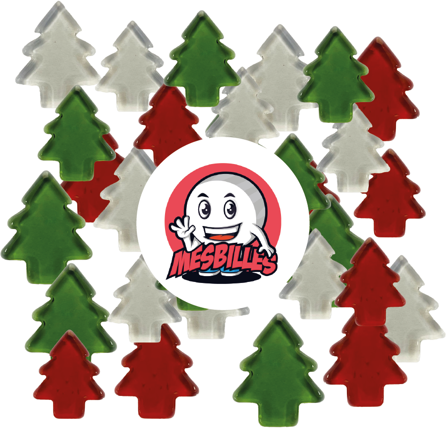 Image de la Mascotte MesBilles entourée de Billes Extra-Plate Sapin Rouge en Verre Translucide - Décoration et Jeu Festif - MesBilles