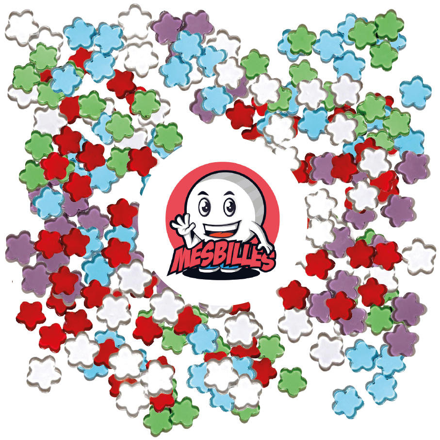 Bild des Maskottchens MeineMurmeln umgeben von Murmeln Extra-flach Blume aus transluzentem rotem Glas - MeineMurmeln