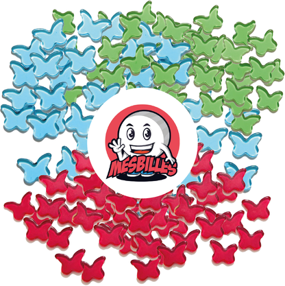 Bild des Maskottchens Meine Murmeln umgeben von extraflachen Murmeln Schmetterling aus transluzentem Glas, rot - Meine Murmeln