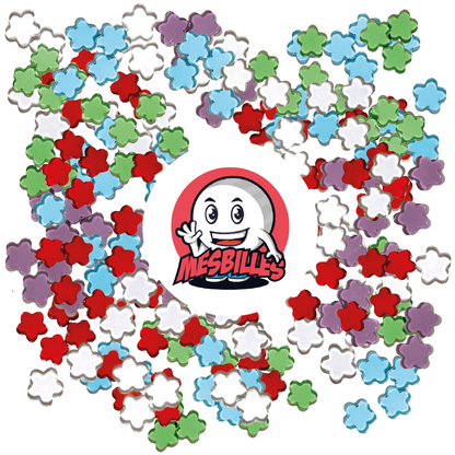 Bild des Maskottchens Meine Murmeln umgeben von extraflachen Murmeln in Kristallfarbenem Transluzentem Glas - Meine Murmeln