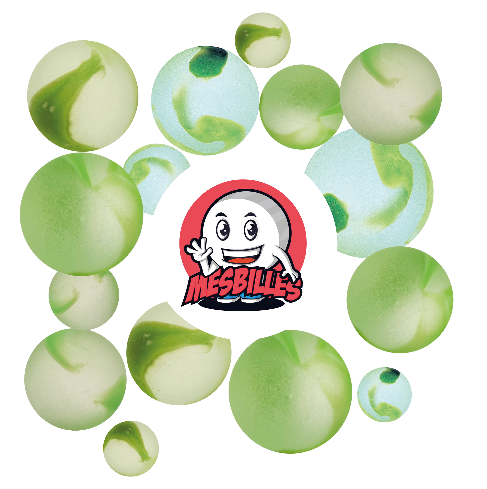 Bild des Maskottchens MeineMurmeln umgeben von Mattierten Murmeln - Mattiertes Glasmurmel mit gelben Streifen 16 mm MeineMurmeln