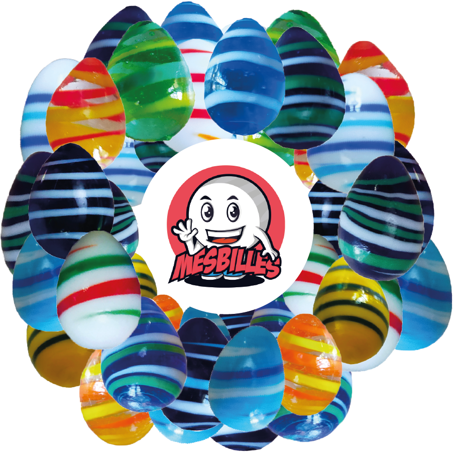 Bild des Maskottchens MeineMurmeln umgeben von Eier-Murmeln MeineMurmeln, ungewöhnliche Form, transluzentes Glas kristall orange und gelb gestreift, 25mmEier-Murmeln MeineMurmeln, ungewöhnliche Form, transluzentes Glas kristall orange und gelb gestreift, 25mm