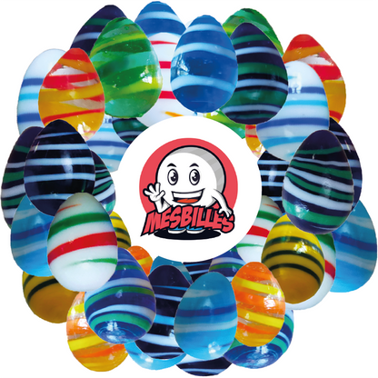 Image de la Mascotte MesBilles entourée de Billes Oeuf translucide Bleu-Nuit avec rayures blanches et bleues, MesBillesBilles Oeuf translucide Bleu-Nuit avec rayures blanches et bleues, MesBilles
