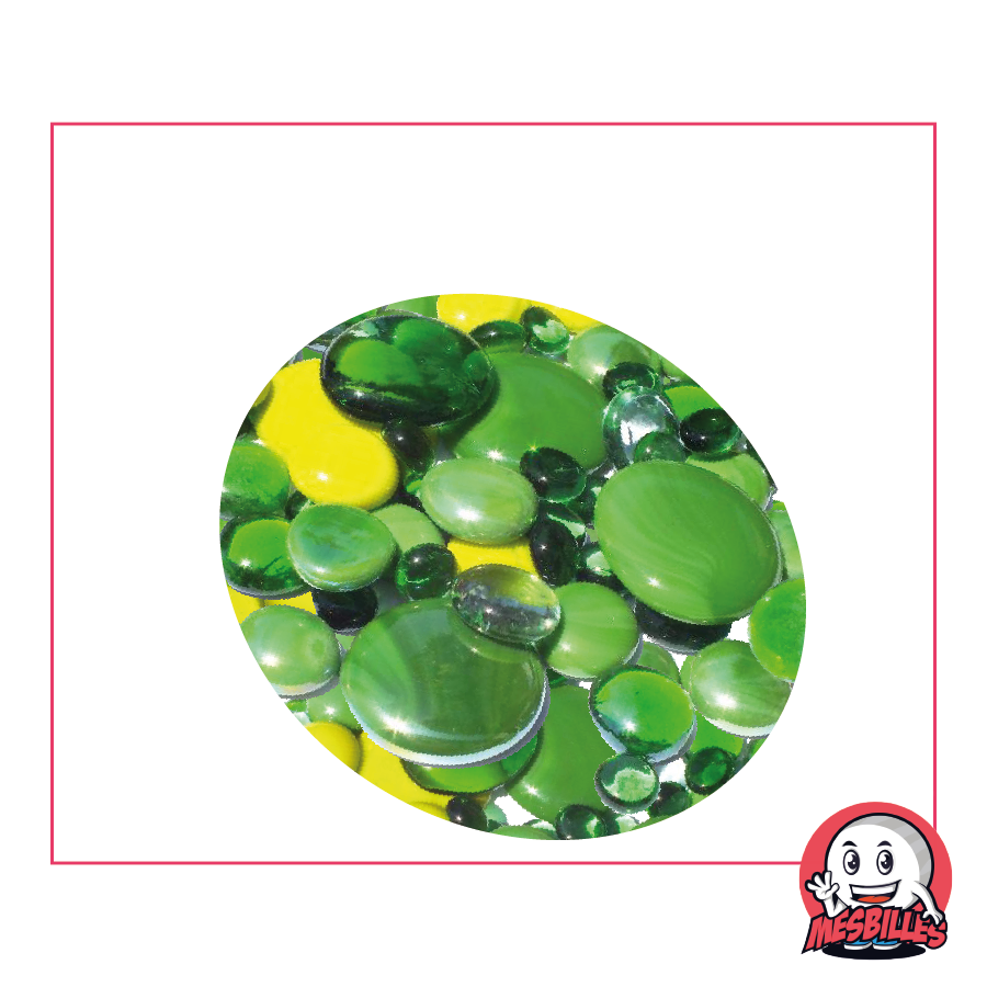 250 gr Billes plates en vert, vert citron et cristal, opaques et brillantes