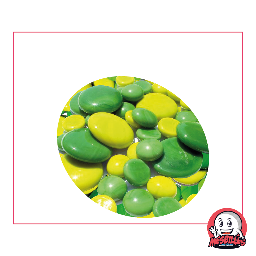 Billes plates opaques en vert et vert citron de 30mm, 18mm et 12mm.