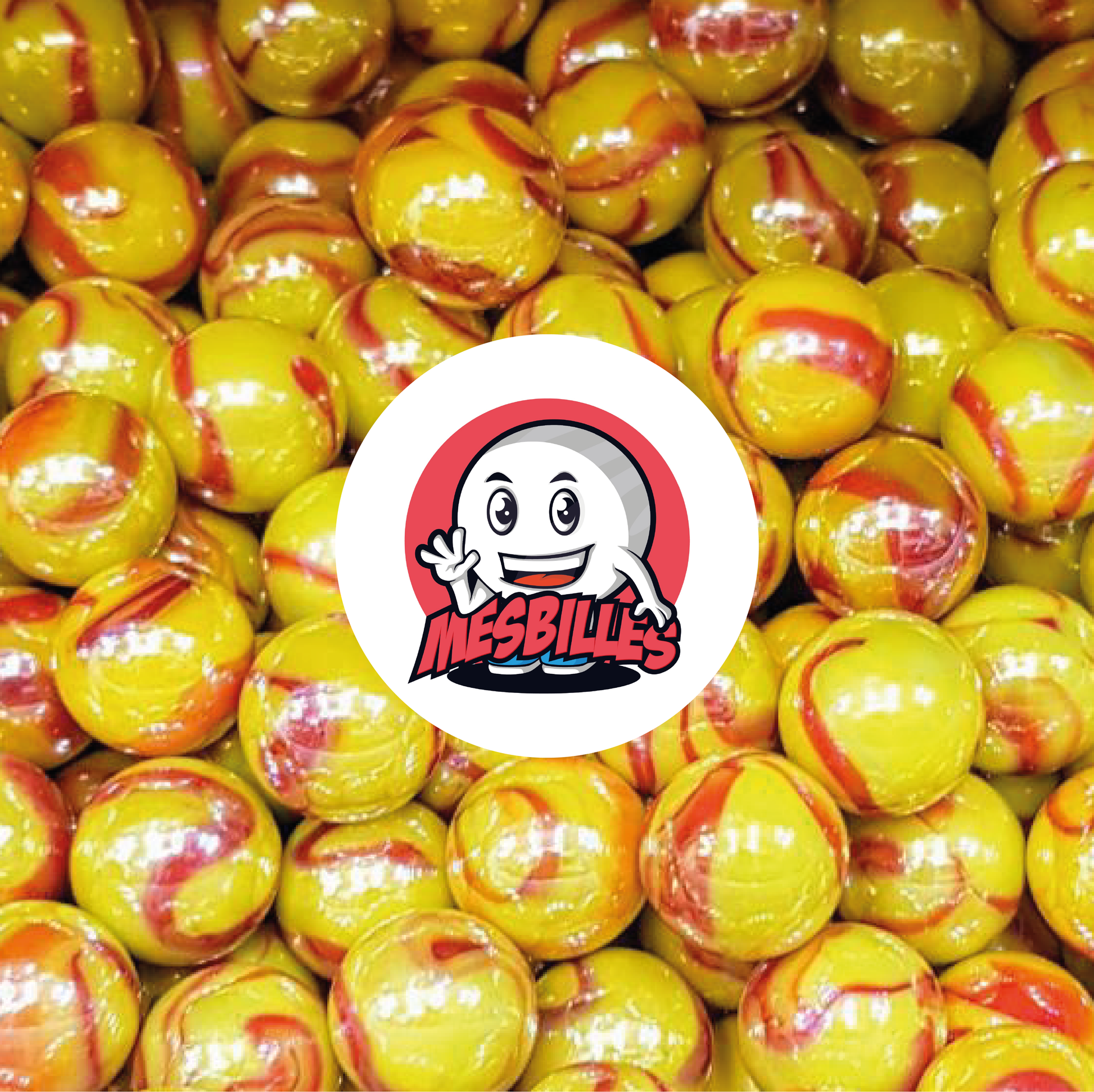 Bild des Maskottchens MeineMurmeln umgeben von Murmeln Dragon 14 mm - Unglaubliche Kombination aus Gelb und Rot in einem undurchsichtigen und glänzenden Glas