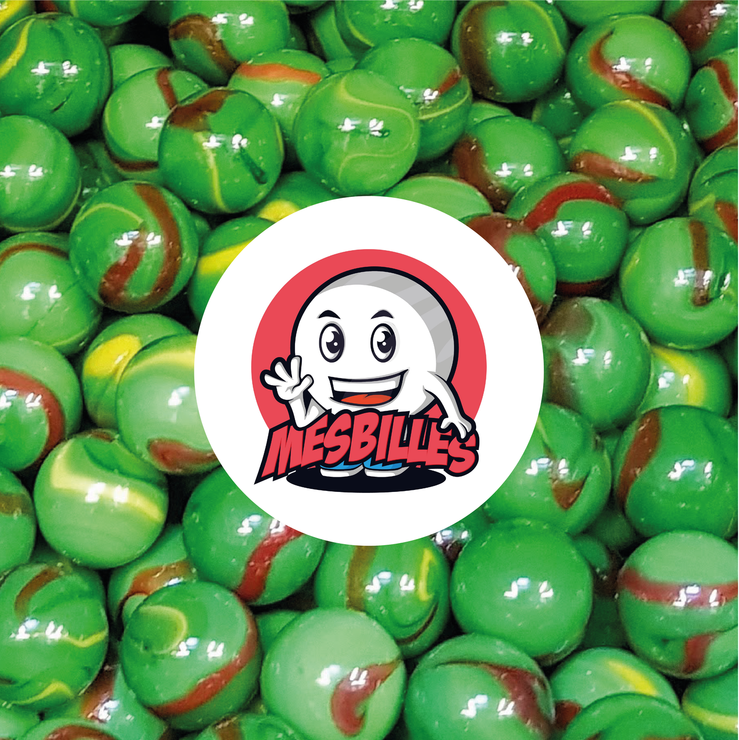 Bild des Maskottchens MeineMurmeln umgeben von Murmeln Jungle 22 mm Grün Gelb Braun