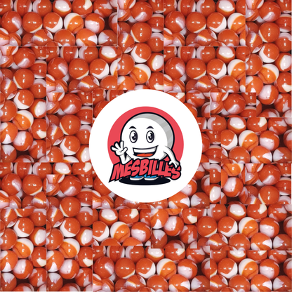 Image de la Mascotte MesBilles entourée de Billes Junon 25 mm Orange avec traces de blanc