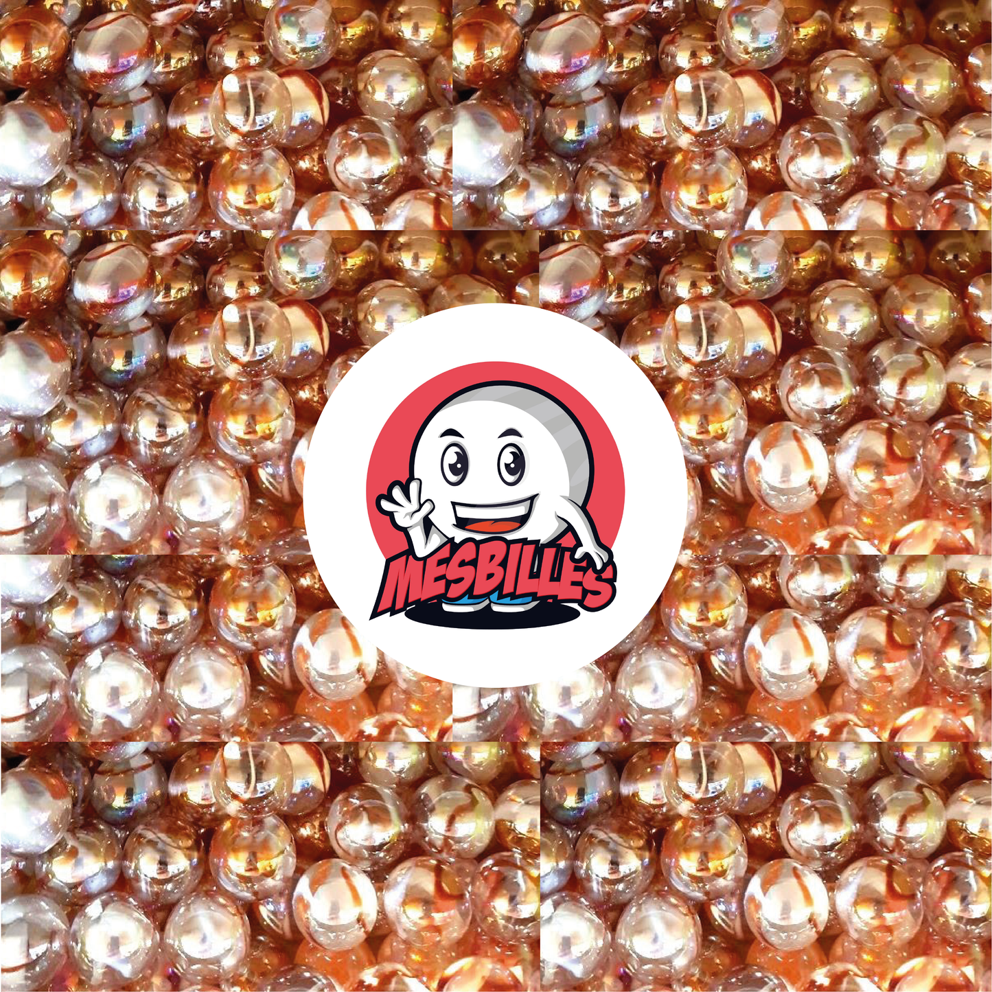 Image de la Mascotte MesBilles entourée de Billes translucide rose orangé traversée d'ambre orange, Billes Limonade 50 mm