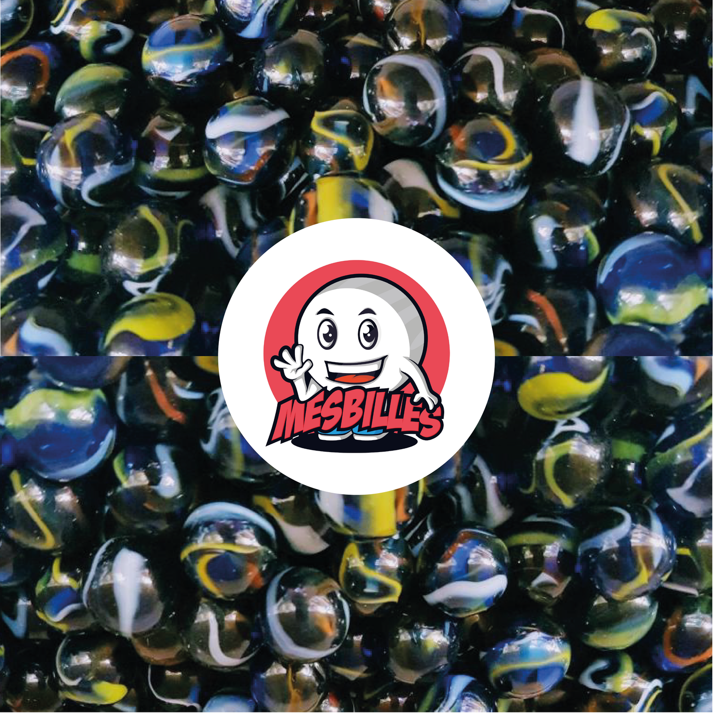 Image de la Mascotte MesBilles entourée de Billes Michel-Ange en verre bleu, avec striures rouges, blanches et jaunes, 42 mm