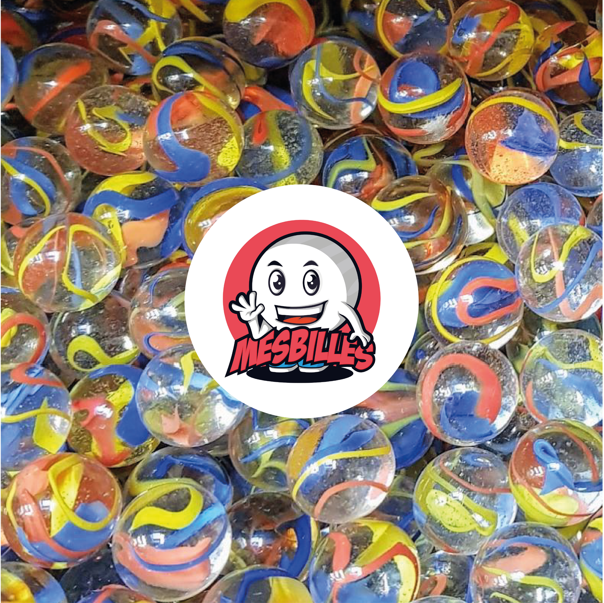 Billes Fusion Colorée de Rouge, Jaune et Bleu en Verre Transparent - Image de la Mascotte MesBilles entourée de Billes Perroquet 35 mm