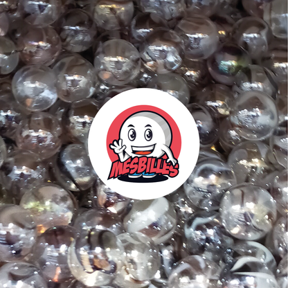 Image de la Mascotte MesBilles entourée de Billes Polaire 42 mm verre transparent cristal marron