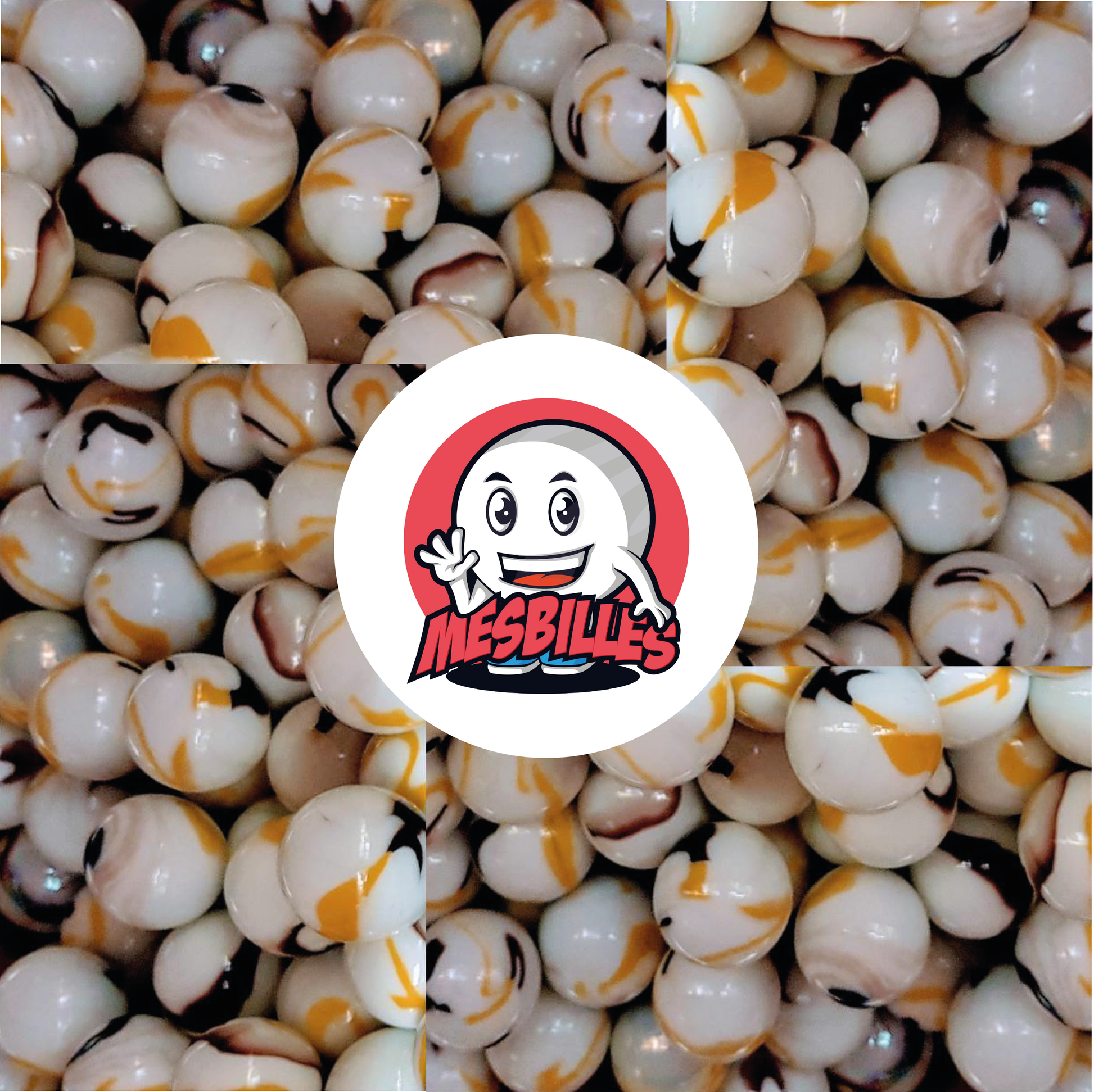 Bild des Maskottchens MeineMurmeln umgeben von Murmeln Tiger Gelbe 16 mm