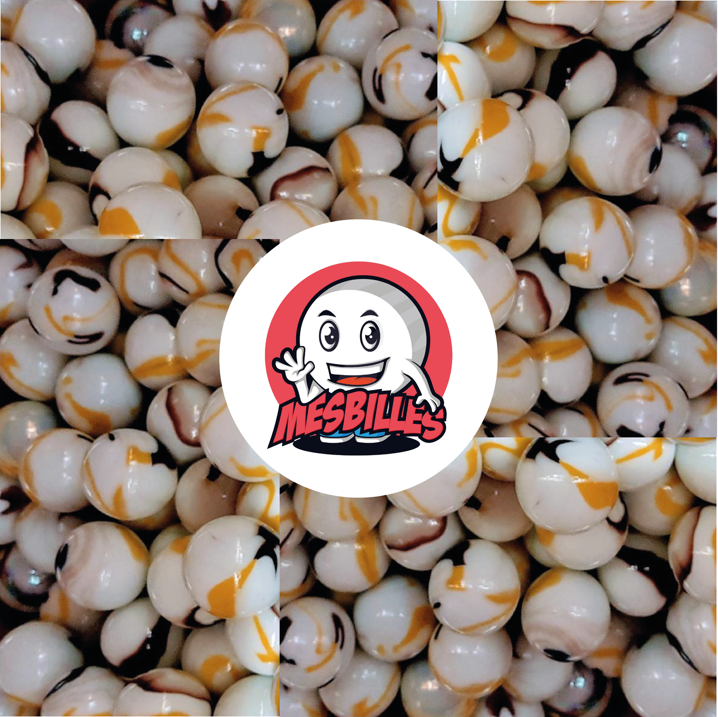 Bild des Maskottchens MeineMurmeln, umgeben von gelben Tigermurmeln, opak, weiß mit gelben und braunen Streifen, 25 mm