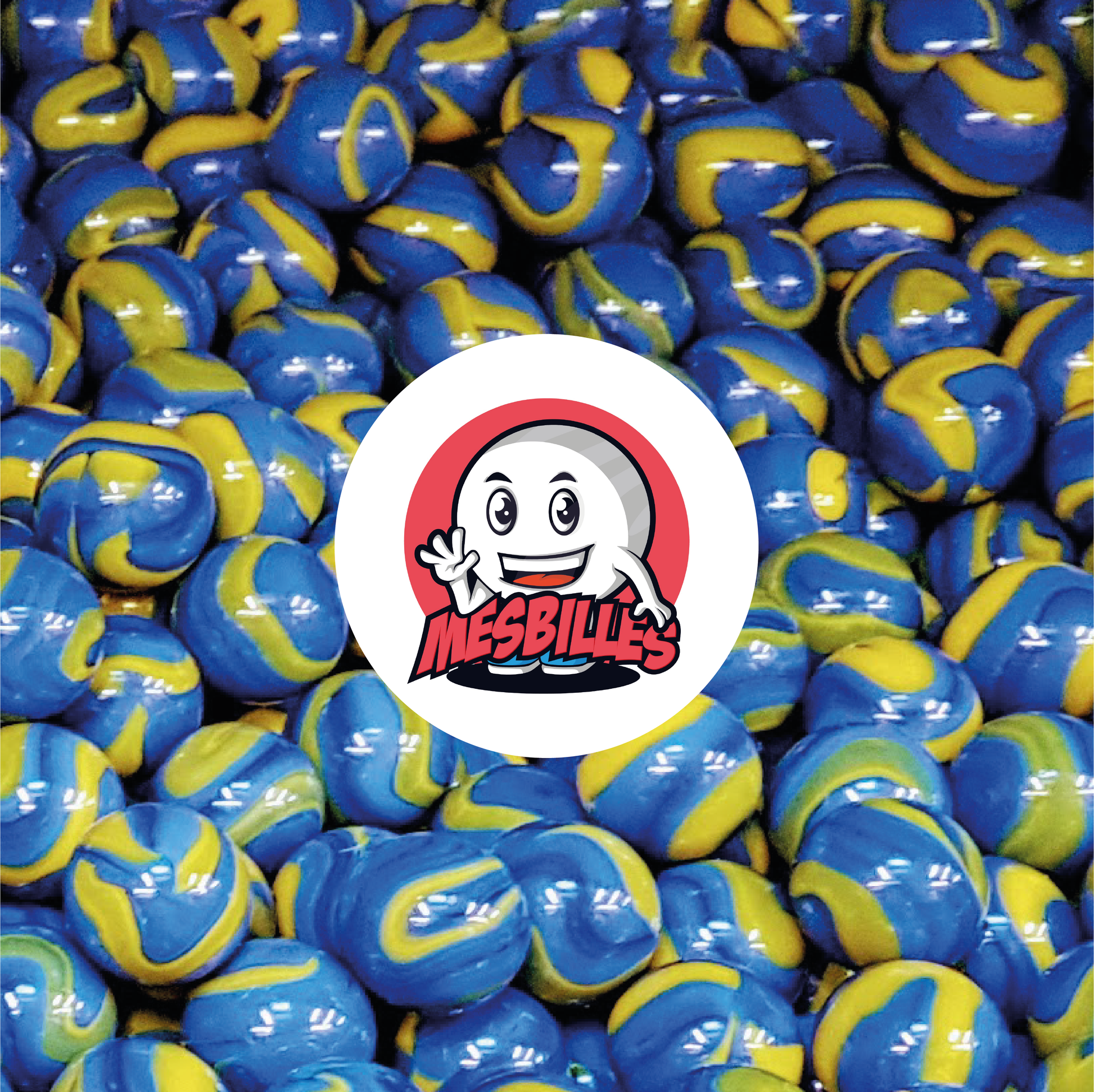 Bild des Maskottchens MeineMurmeln umgeben von Murmeln Van Gogh 16 mm aus opakem Glas, gelb mit blauen Streifen