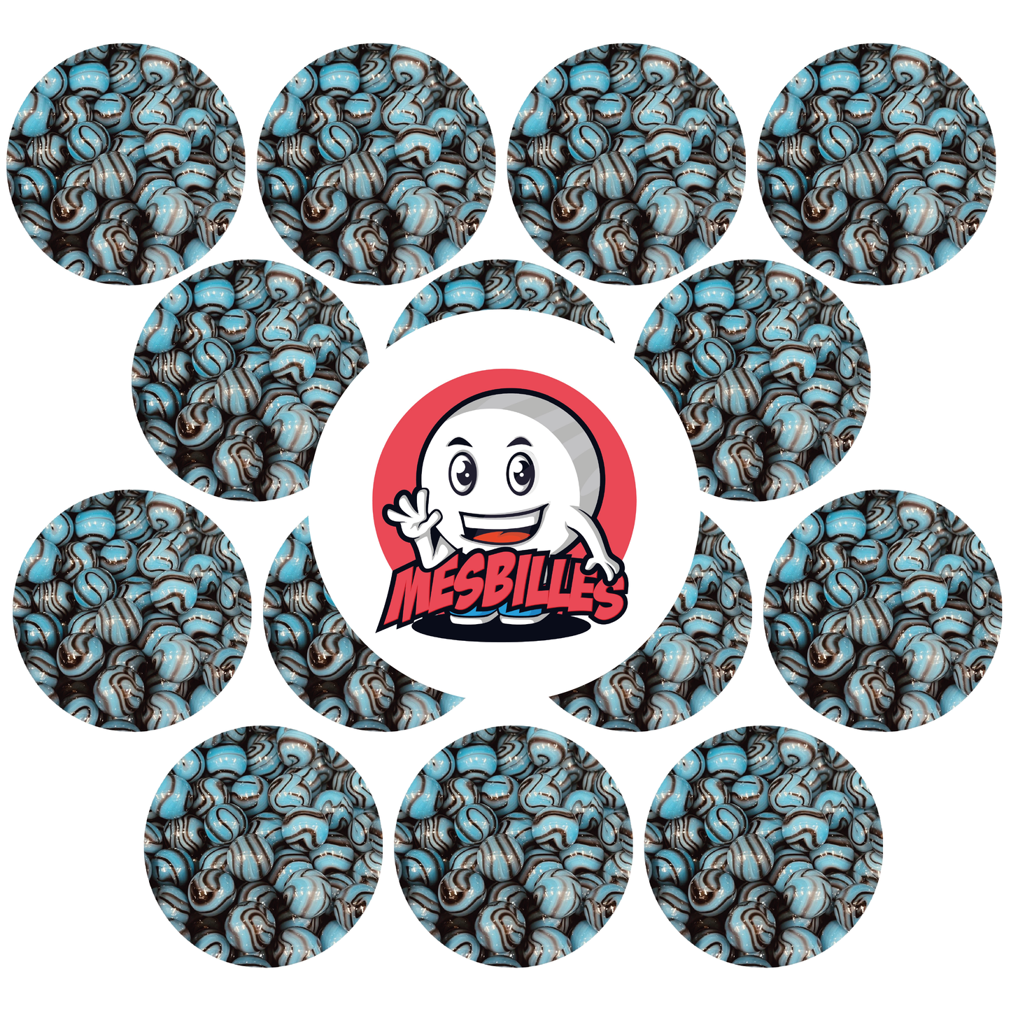 Image de la Mascotte MesBilles entourée de Billes Zèbre Turquoise 16 mm, safari ludique à portée de main